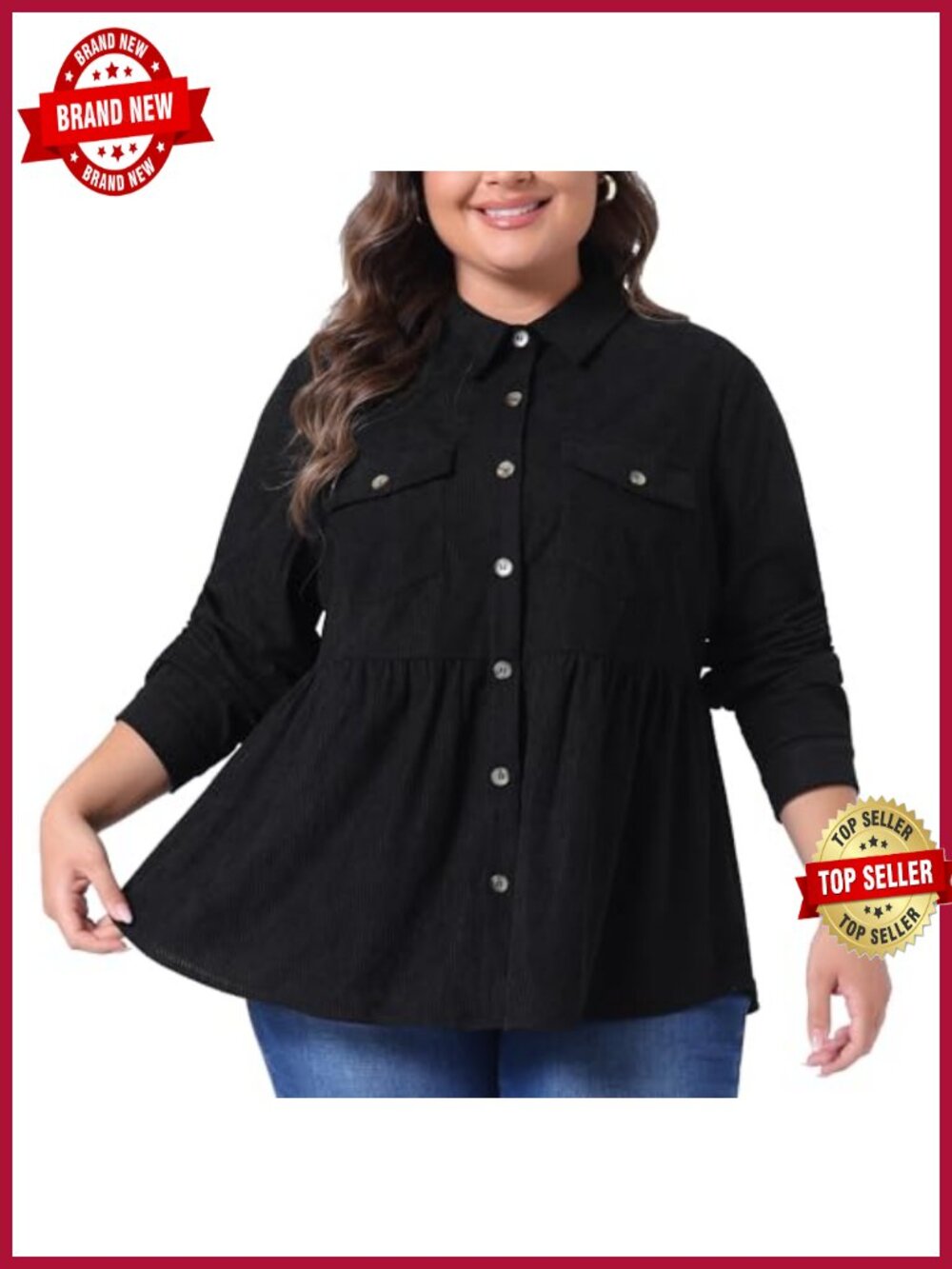 Plus Size Corduroy Button Down Blouse with Pockets - Long Sleeve Peplum Top